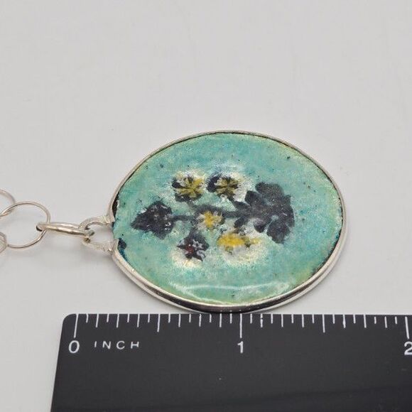 Sterling‎ Silver Enamel Necklace Artisan Handcrafted Chain Boho Floral Pendant - Picture 7 of 7